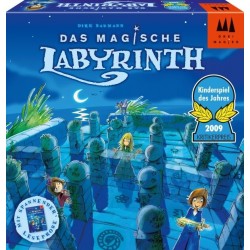 img_0:Blaue Box des Brettspiels "Das Magische Labyrinth" mit Labyrinth-Grafik und gelbem Auszeichnungssiegel.