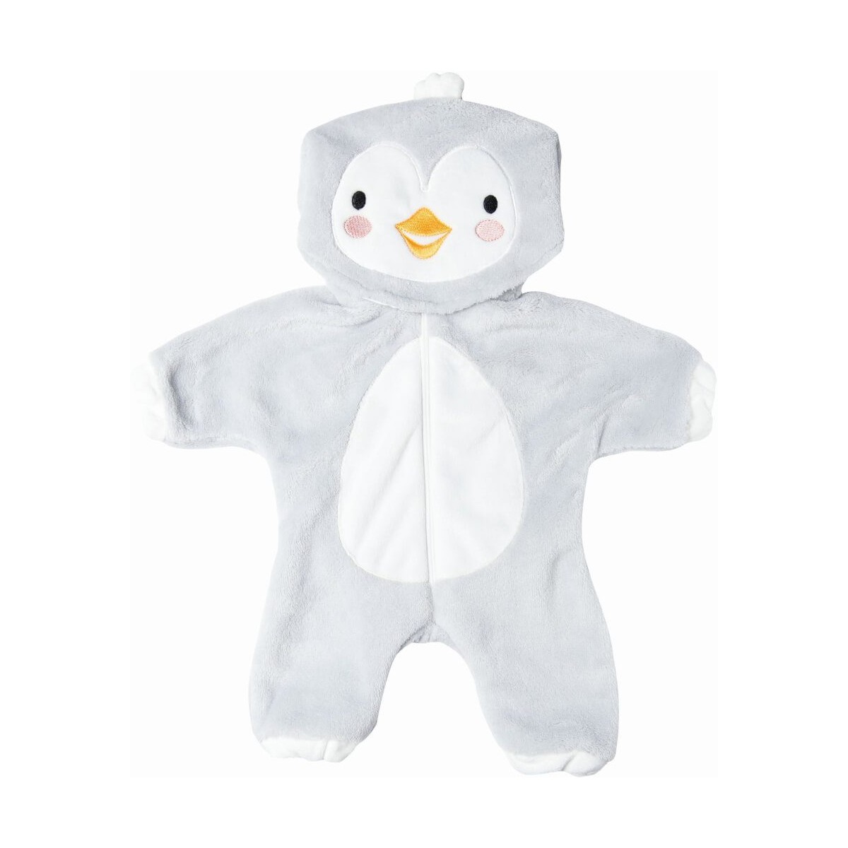 Grauer und weißer Baby-Strampler mit Pinguin-Gesicht auf der Kapuze und Ärmeln in Flossenform.