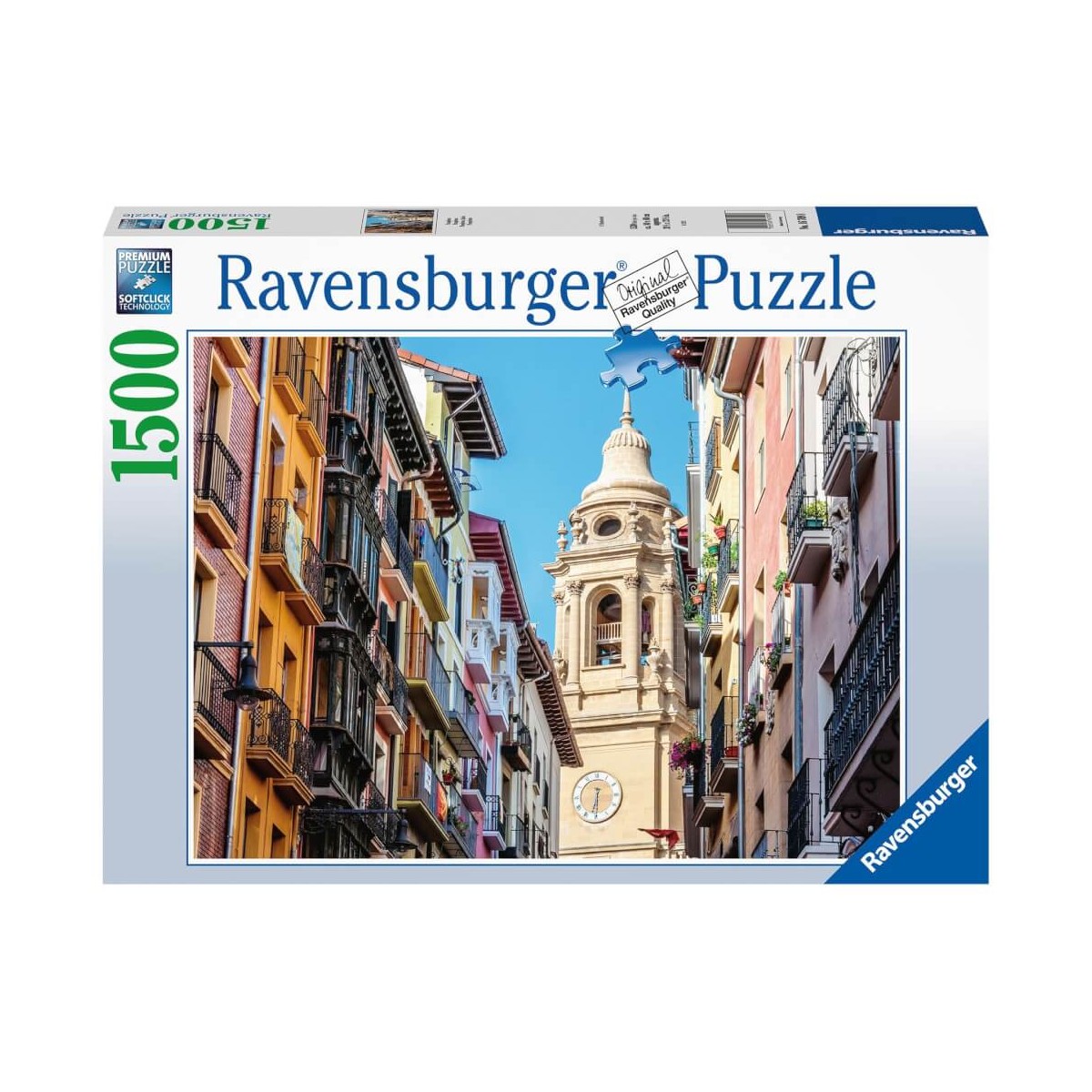 Ravensburger Puzzle mit 1500 Teilen zeigt bunte europäische Häuser und einen Kirchturm.