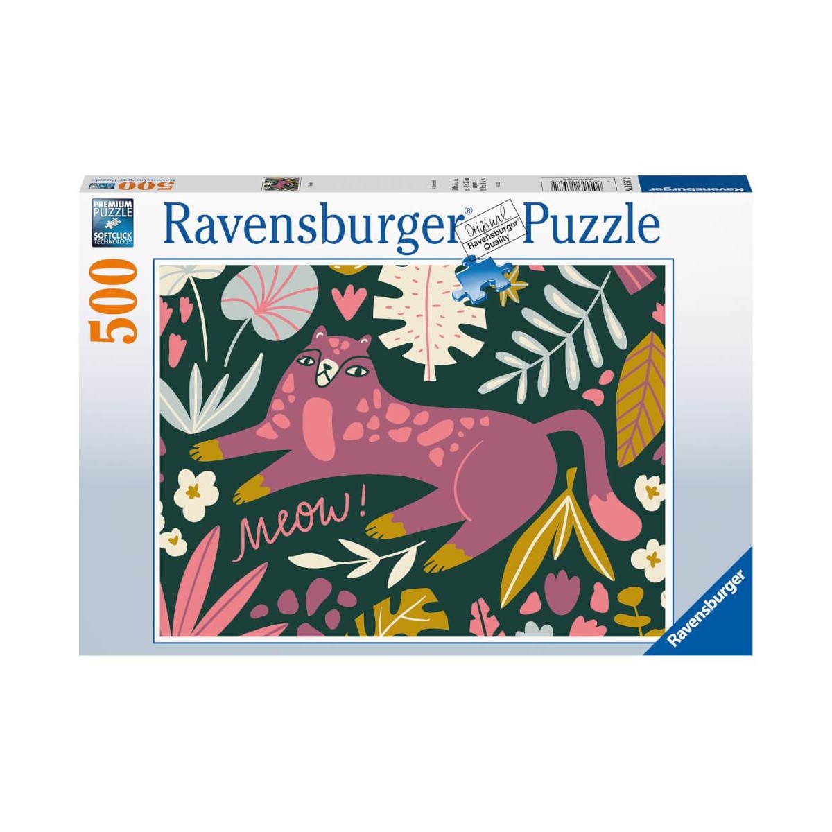 Ravensburger Puzzle mit 500 Teilen: Abgebildet ist eine rosa Katze zwischen bunten Blättern und dem Schriftzug „Meow!“.