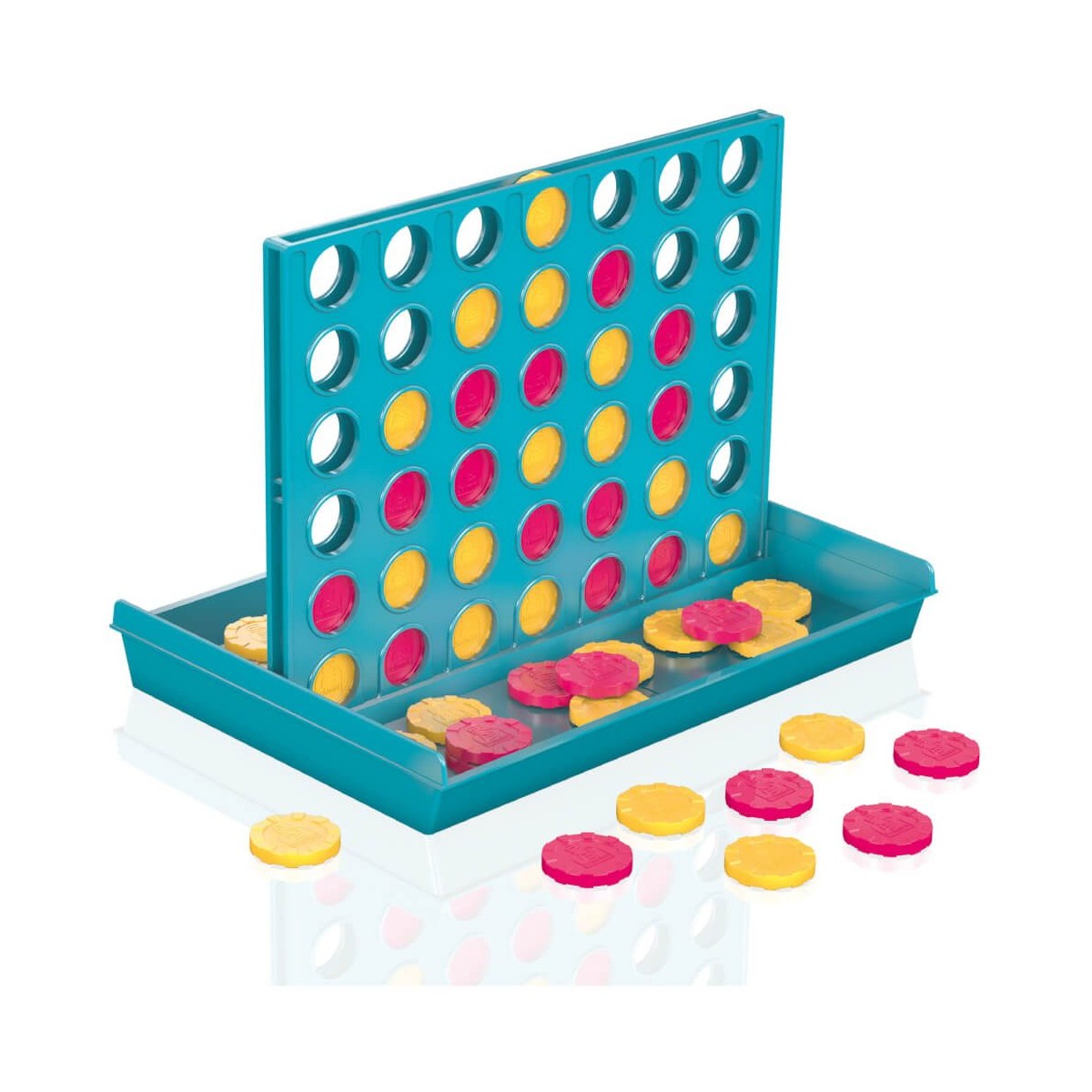 Connect Four mit pinken und gelben Spielsteinen sowie einigen verstreuten Scheiben auf dem Ablagefach.