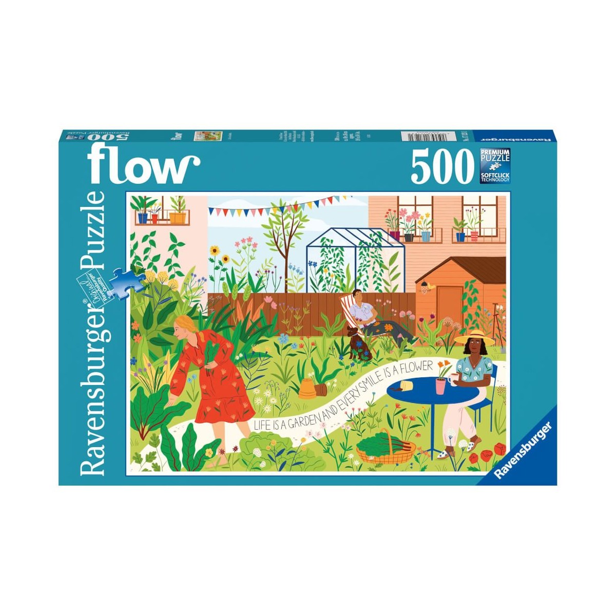 Ravensburger Puzzle mit 500 Teilen: Gartenszene mit Frauen und dem Zitat „Life is a garden.“.