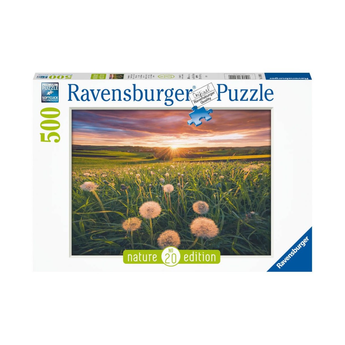 500-teiliges Ravensburger Puzzle mit Löwenzahnwiese im Sonnenuntergang auf dem Cover.