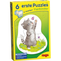 Gelbe Box für 6 erste Puzzles von HABA mit grauem Kätzchen, das mit einem Schmetterling spielt.