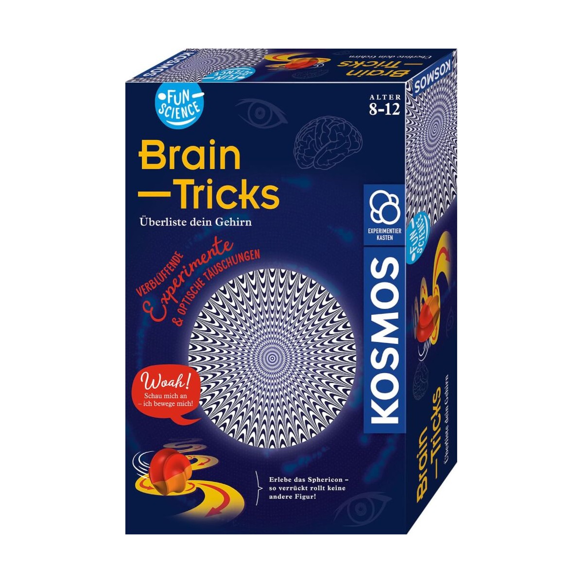 Kosmos präsentiert Brain Tricks: eine Box mit hypnotischer Spirale und farbenfrohem, deutschem Text.