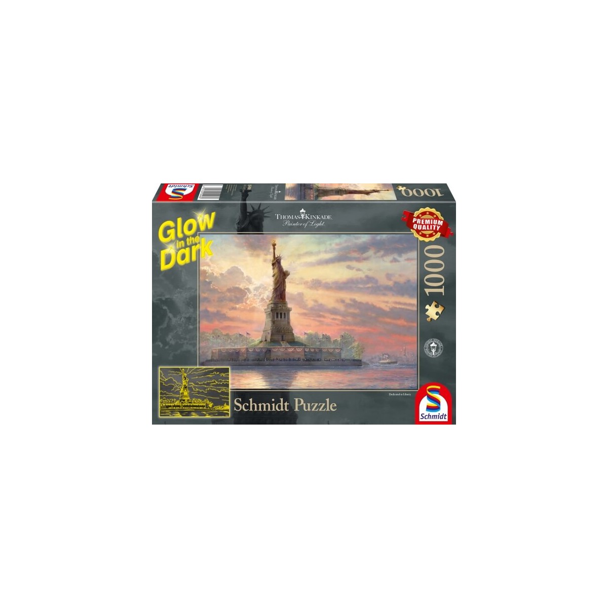 Schmidt Spiele Puzzle Thomas Kinkade Freiheitsstatue in der Abenddämmerung, 1000 Teile, Glow in the