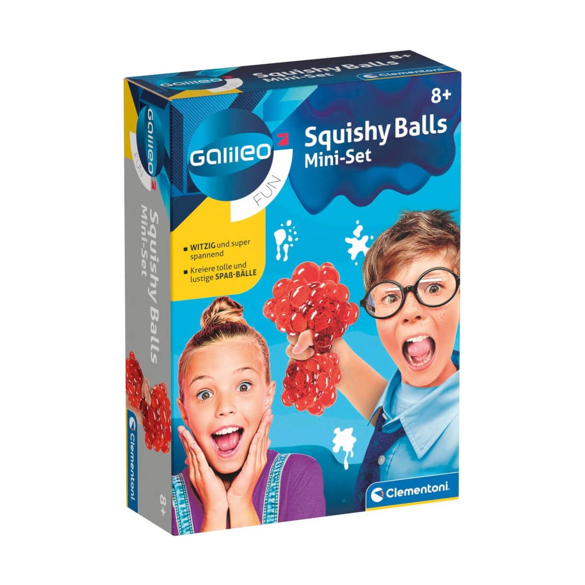 Kinder spielen begeistert mit roten Quetschbällen auf der Verpackung des Galileo Fun Squishy Balls Mini-Sets.