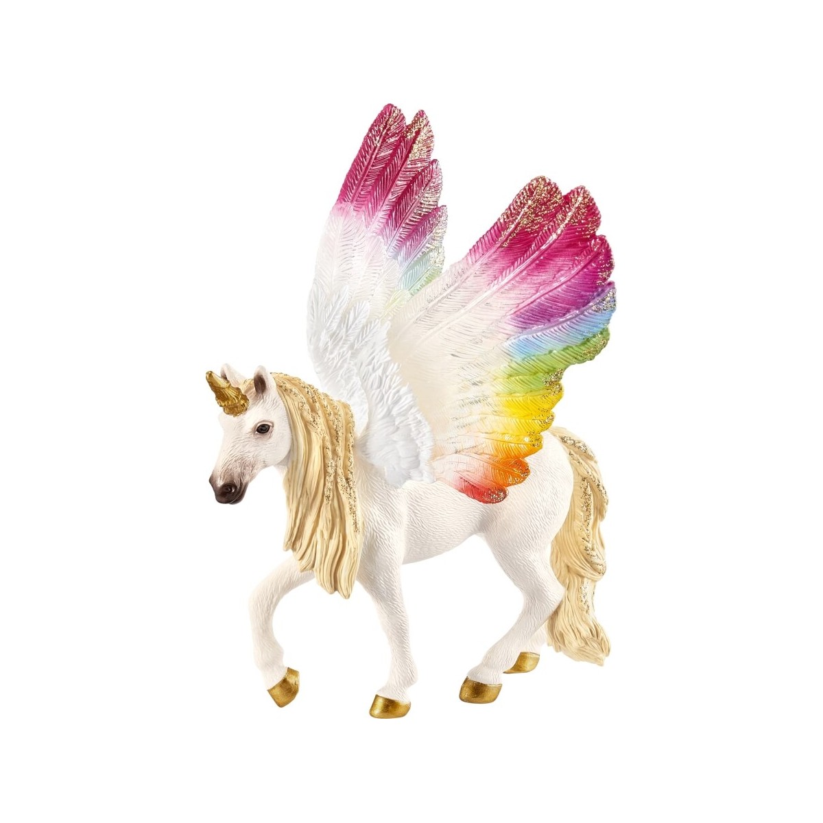 Weißes Einhorn mit goldenen Hufen, goldenem Horn und großen, regenbogenfarbenen Flügeln.