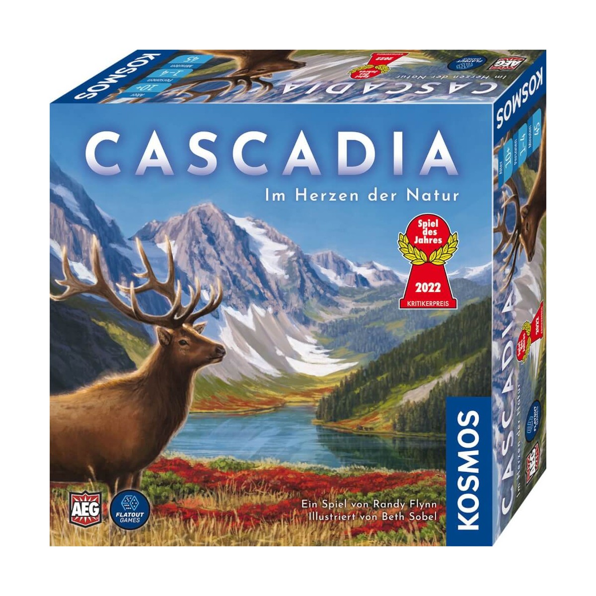 Cascadia-Brettspiel: Schachtel mit einem eindrucksvollen Elch vor malerischer Berglandschaft.