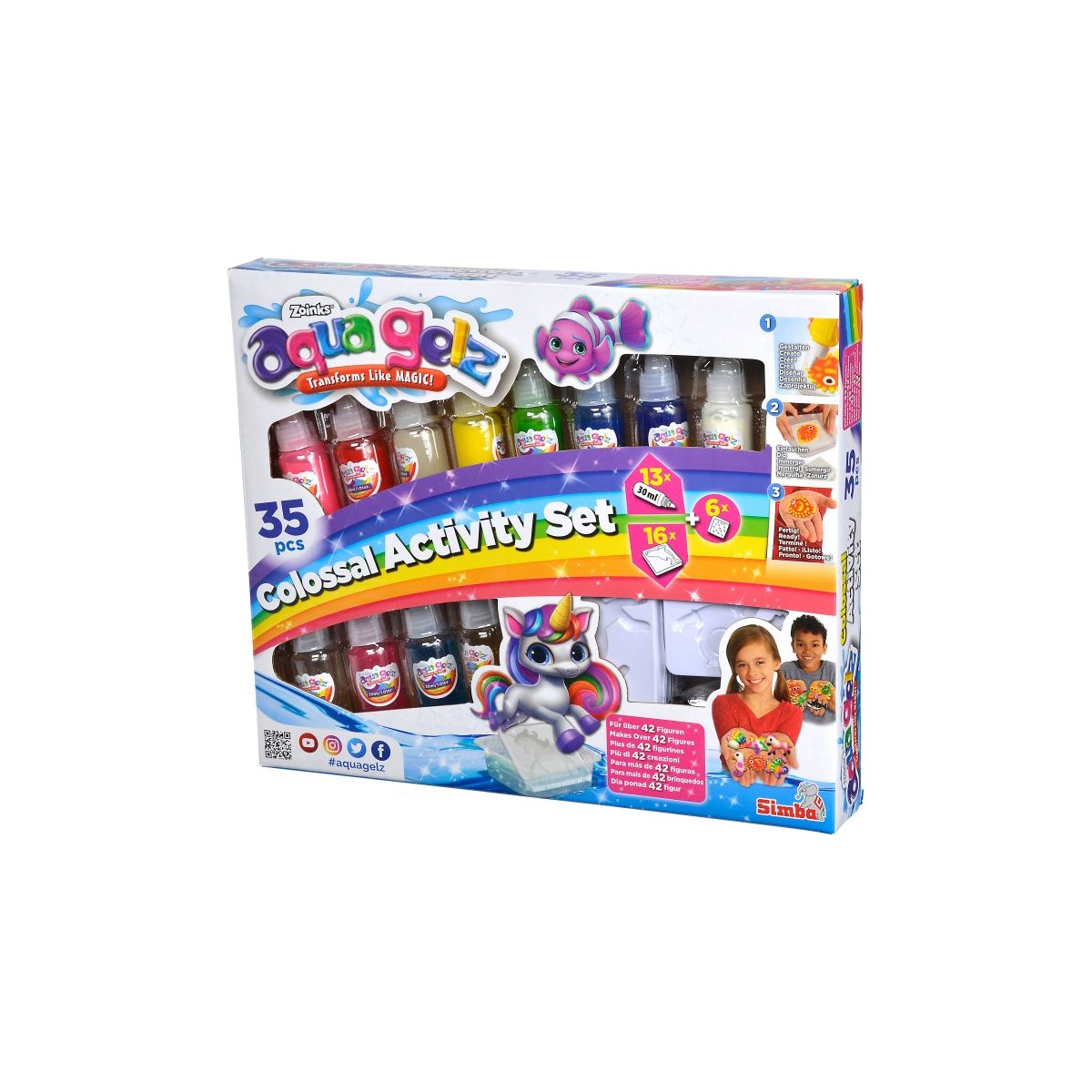 Aquagel 35-teiliges Activity-Set mit bunten Gelen, abgebildet sind Kinder auf der Verpackung.