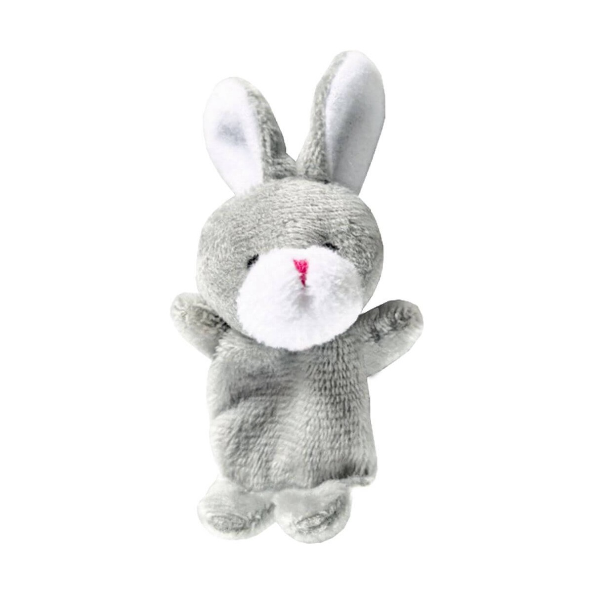 Grauer Plüsch-Hasenhandpuppe mit weißen Ohreninnenseiten, rosa Nase und geschlossenen Augen vor weißem Hintergrund.