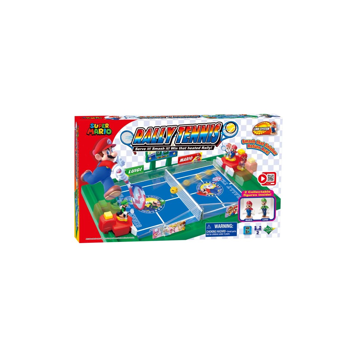 Spielbox von Super Mario Rally Tennis mit Mario und Luigi beim Tennis auf blauem Tischtennisfeld.
