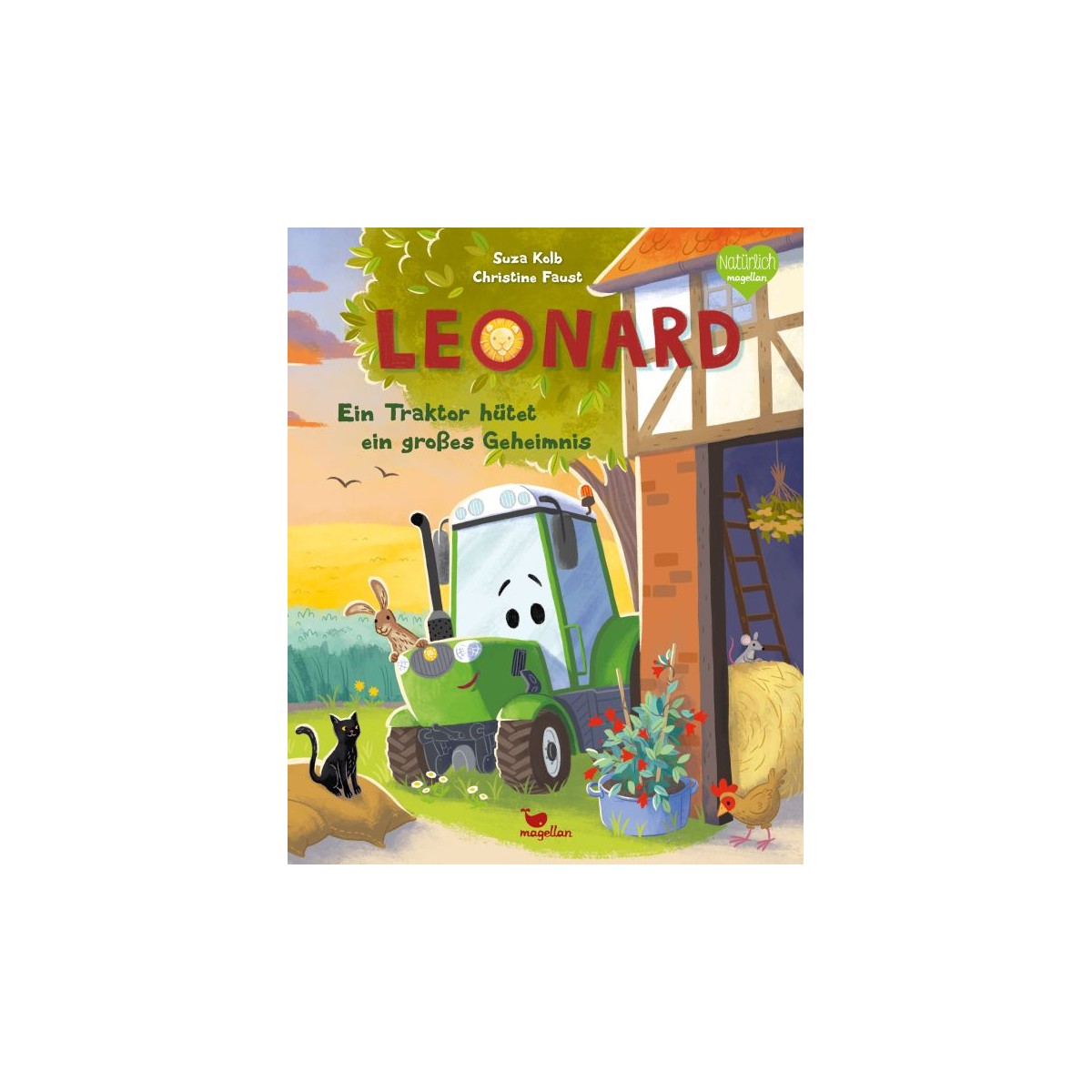 Buntes Kinderbuchcover: Ein trauriger grüner Traktor, eine schwarze Katze und eine Scheune. Titel: Leonard.