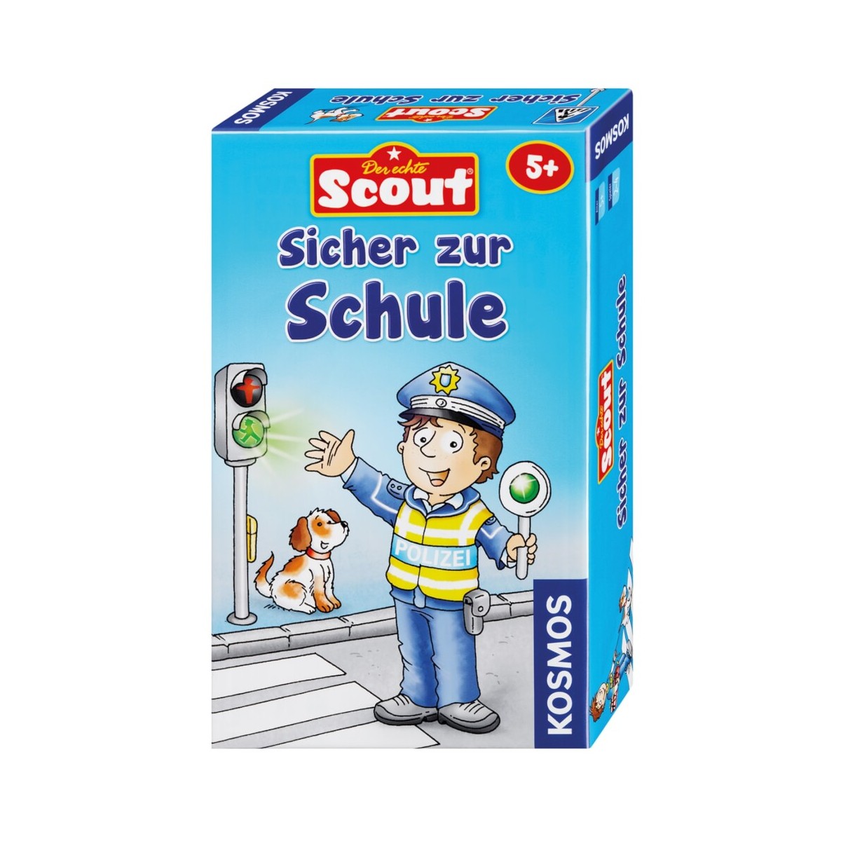 Deutsche Brettspielschachtel: Ein Polizist hilft Kindern, sicher die Straße zu überqueren.