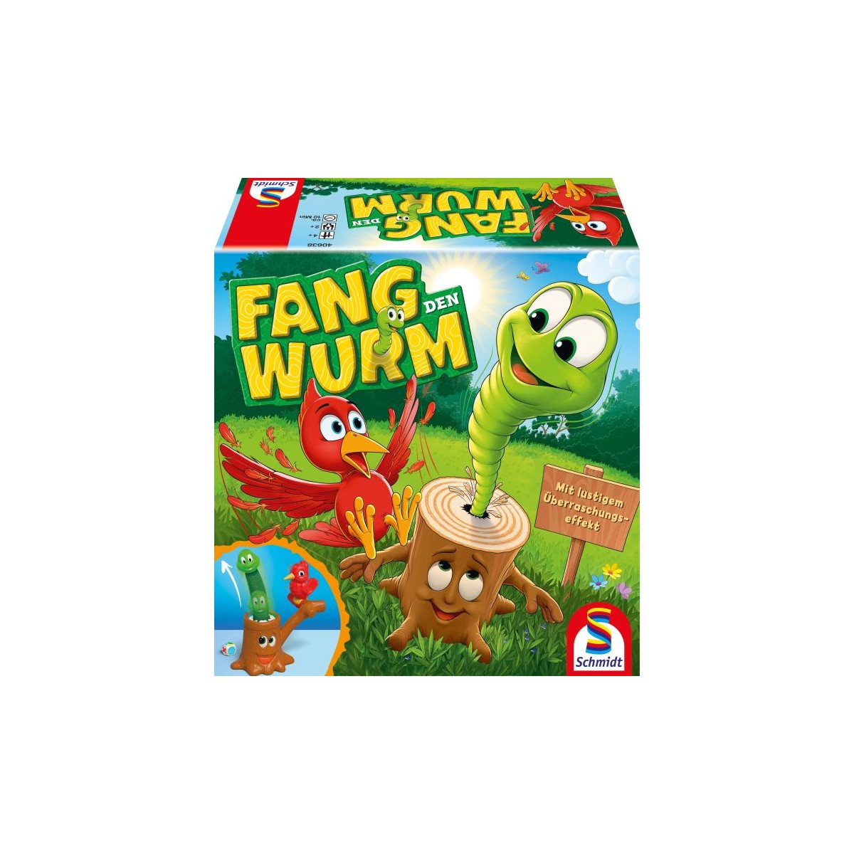 Bunte Fang den Wurm-Spielbox mit Cartoon-Wurm, Vogel und Baumstumpf auf dem Cover.