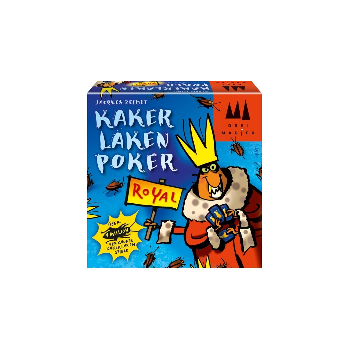 Blaue Box des Spiels Kakerlaken Poker Royal mit gezeichnetem Kakerlakenkönig samt Krone und Umhang.