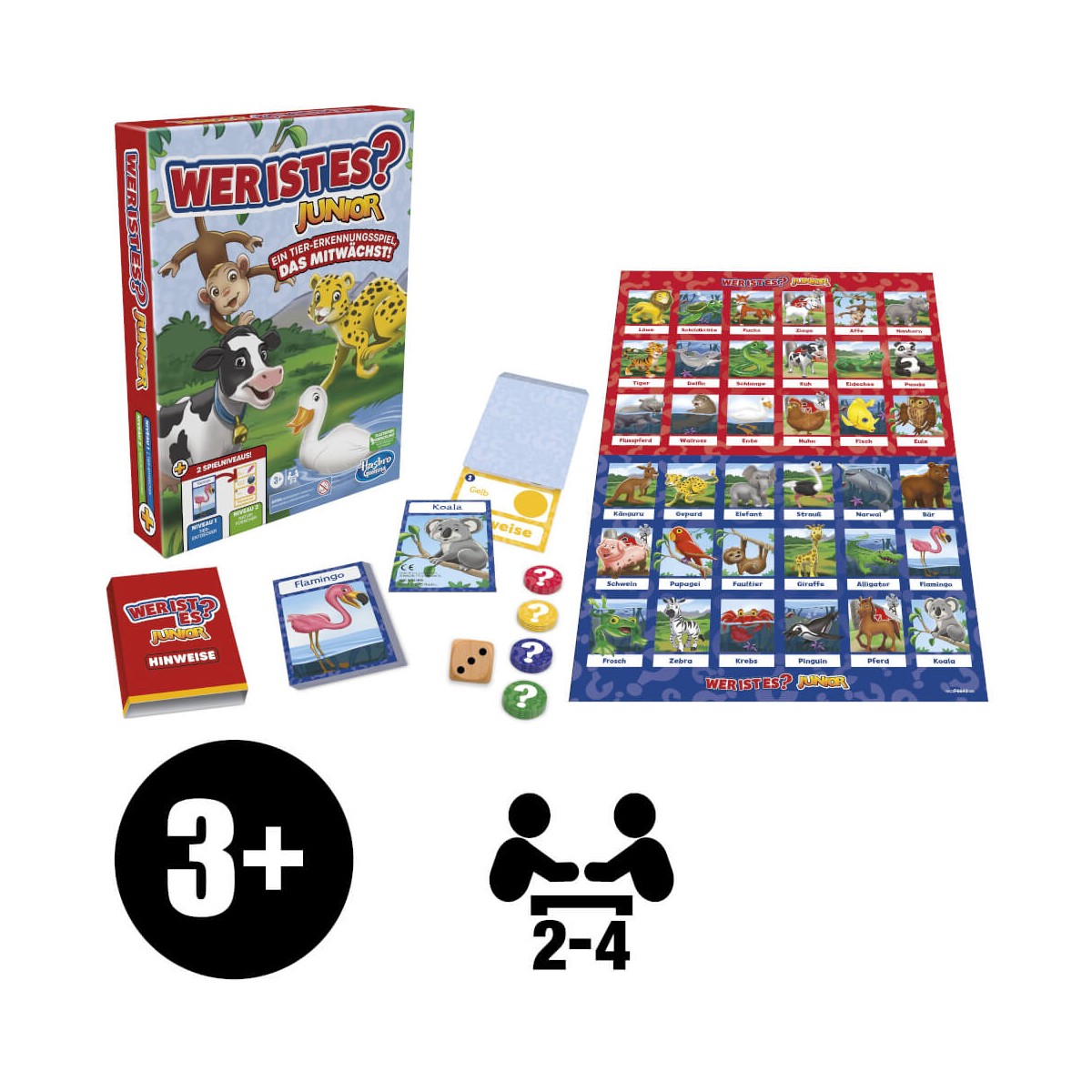 „Wer ist es?“ Junior-Brettspiel für 2–4 Spieler ab 3 Jahren mit Karten, Spielfiguren, Würfel und Spielbrett.