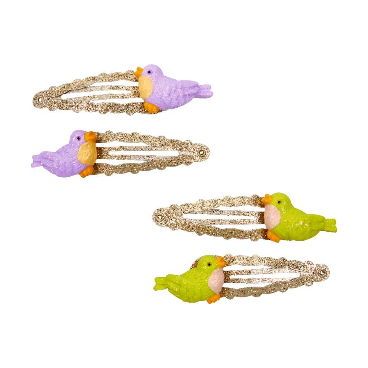 Drei goldene Haarklammern mit Vogel-Dekor: zwei mit lila, eine mit grünem Vogel.