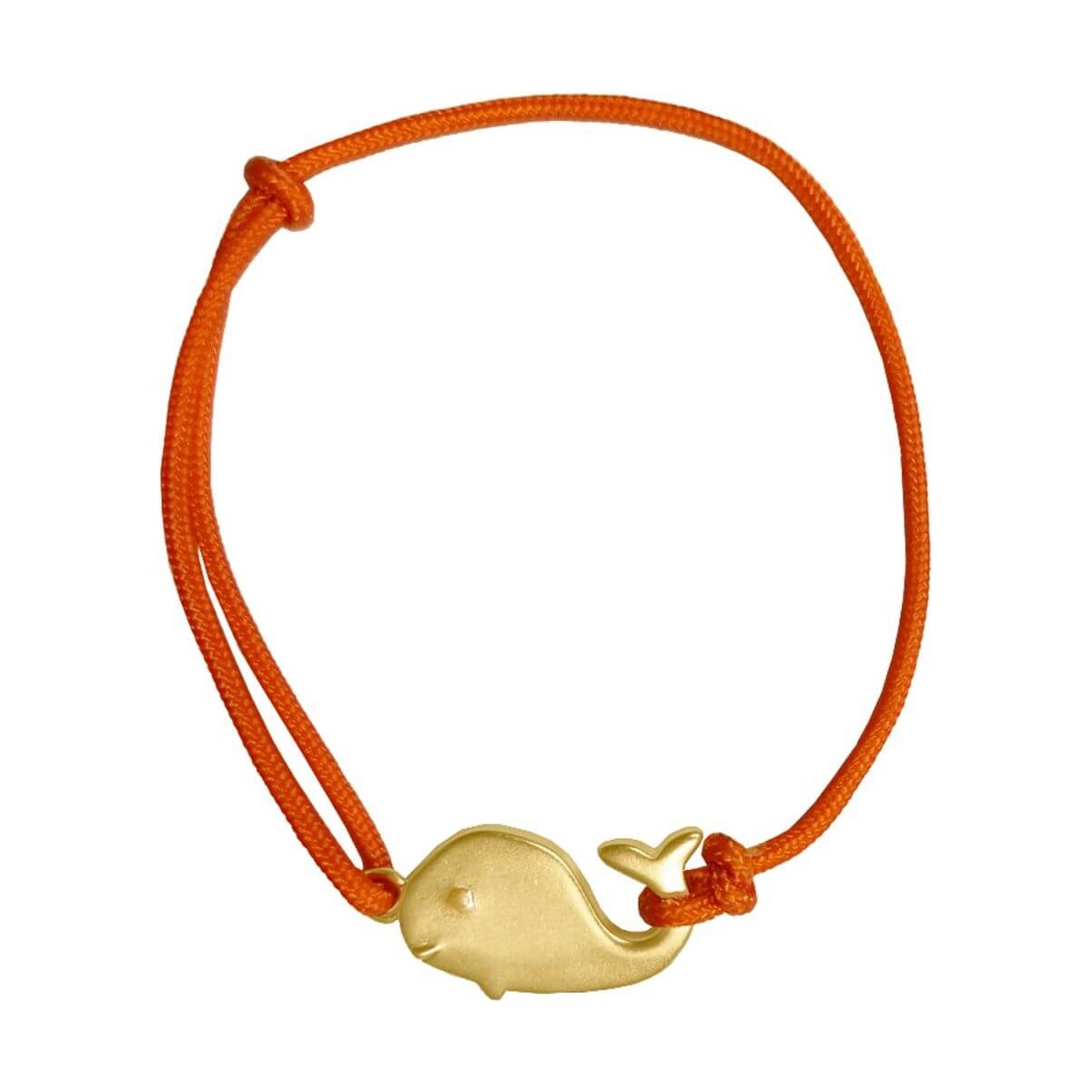 Orangenes Armband mit goldfarbenem Walanhänger in der Mitte vor weißem Hintergrund.
