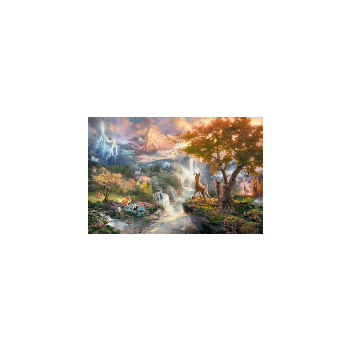 Fantasy-Landschaft mit Tieren, Wasserfall, Bäumen, leuchtendem Himmel und mystischen Gestalten im Hintergrund.