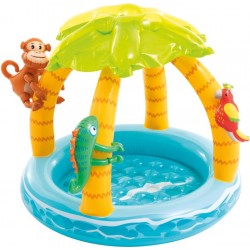 Aufblasbares Kinderbecken mit gelbem Palmen-Dach sowie Affen-, Papageien- und Krokodil-Motiven.