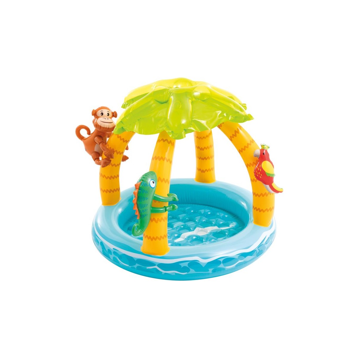 Aufblasbares Kinderbecken mit gelbem Palmen-Dach sowie Affen-, Papageien- und Krokodil-Motiven.