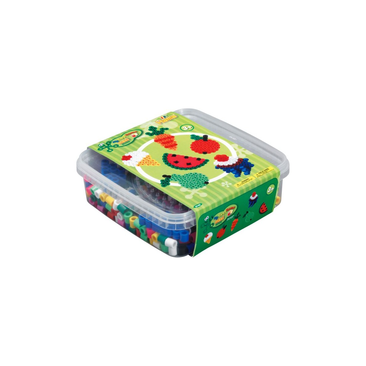 Bunte Bügelperlen in Kunststoffbox mit lachendem Gesicht, geeignet für Kinder ab 5 Jahren.