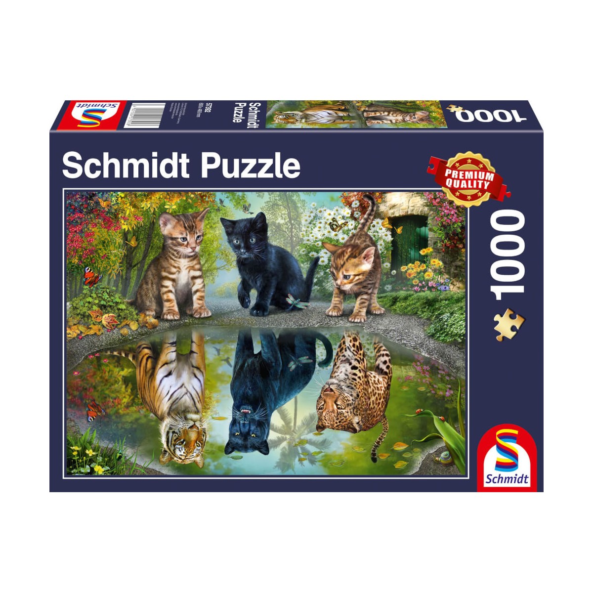 Puzzle mit Kätzchen am Teich, deren Spiegelbilder im Wasser große Wildkatzen zeigen.