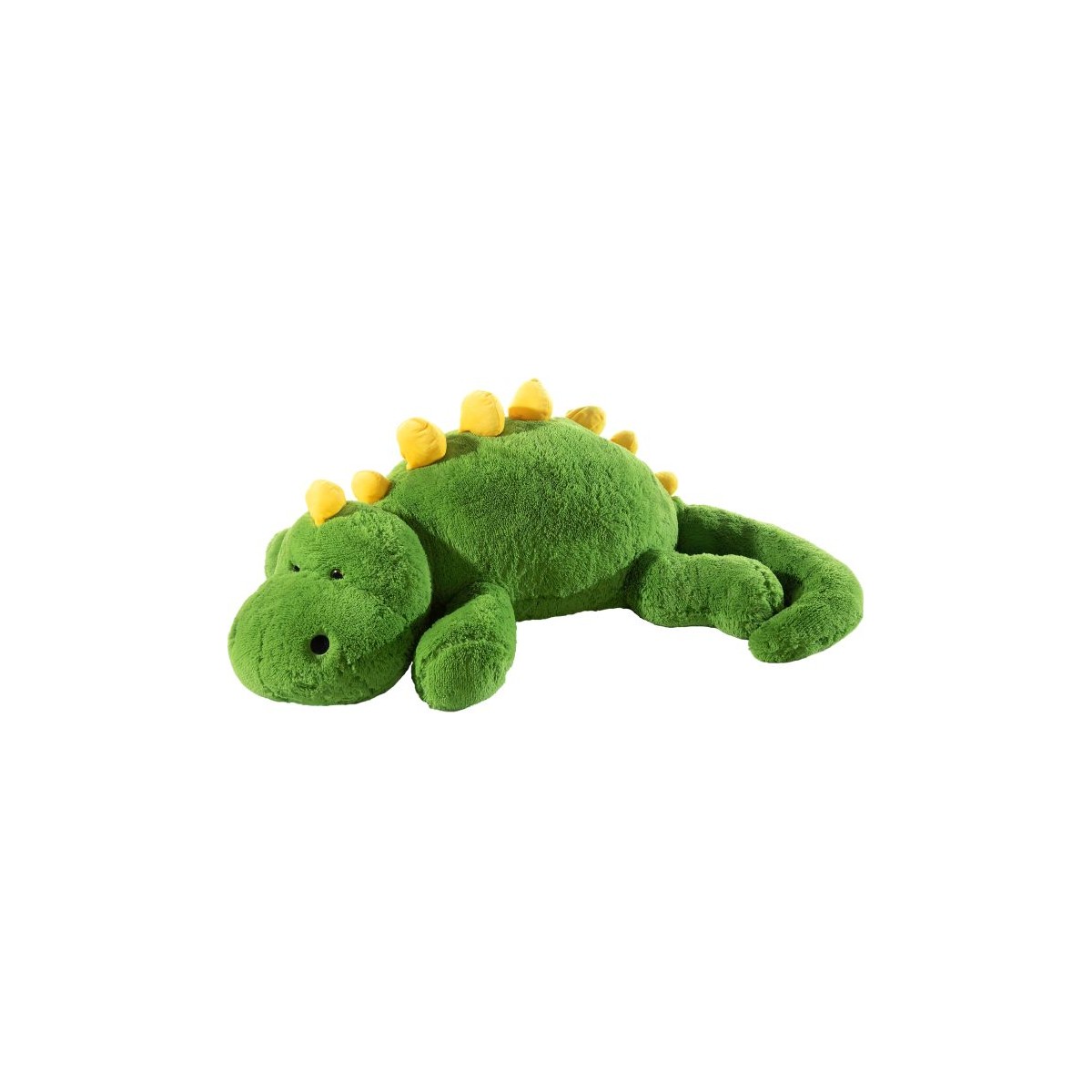 Grünes Plüsch-Dinosaurier-Spielzeug mit gelben Stacheln liegt auf dem Bauch vor weißem Hintergrund.