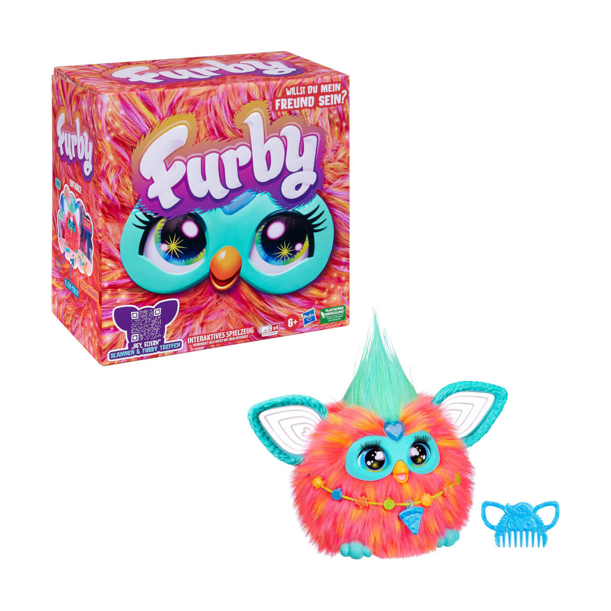 Bunter Furby mit Schachtel und blauem Kamm, auffälligem Fell und großen Ohren.