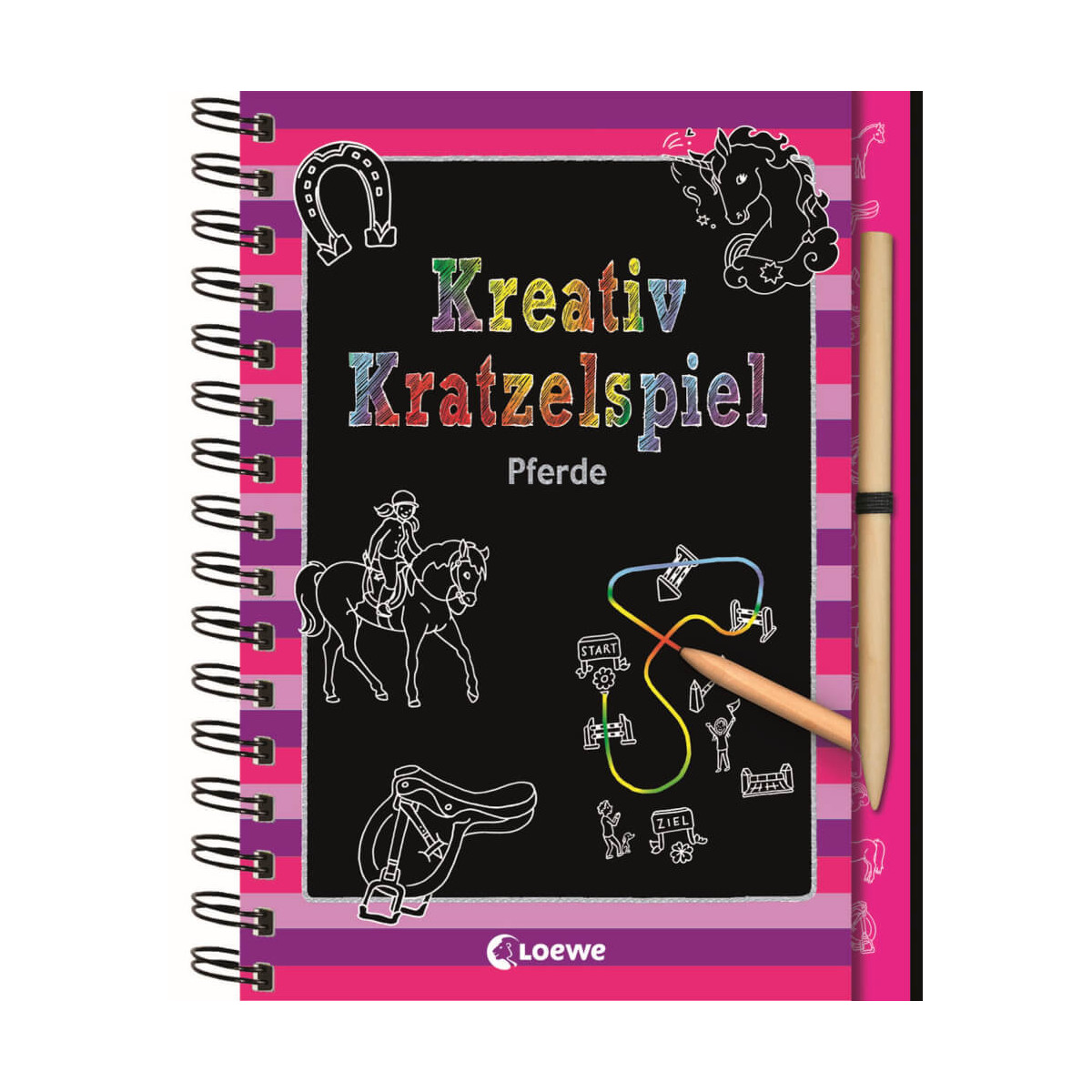 Kreativ-Kratzelspiel Pferde: Scratch-Art-Buch mit buntem Text, Pferdemotiven und Holzstift.