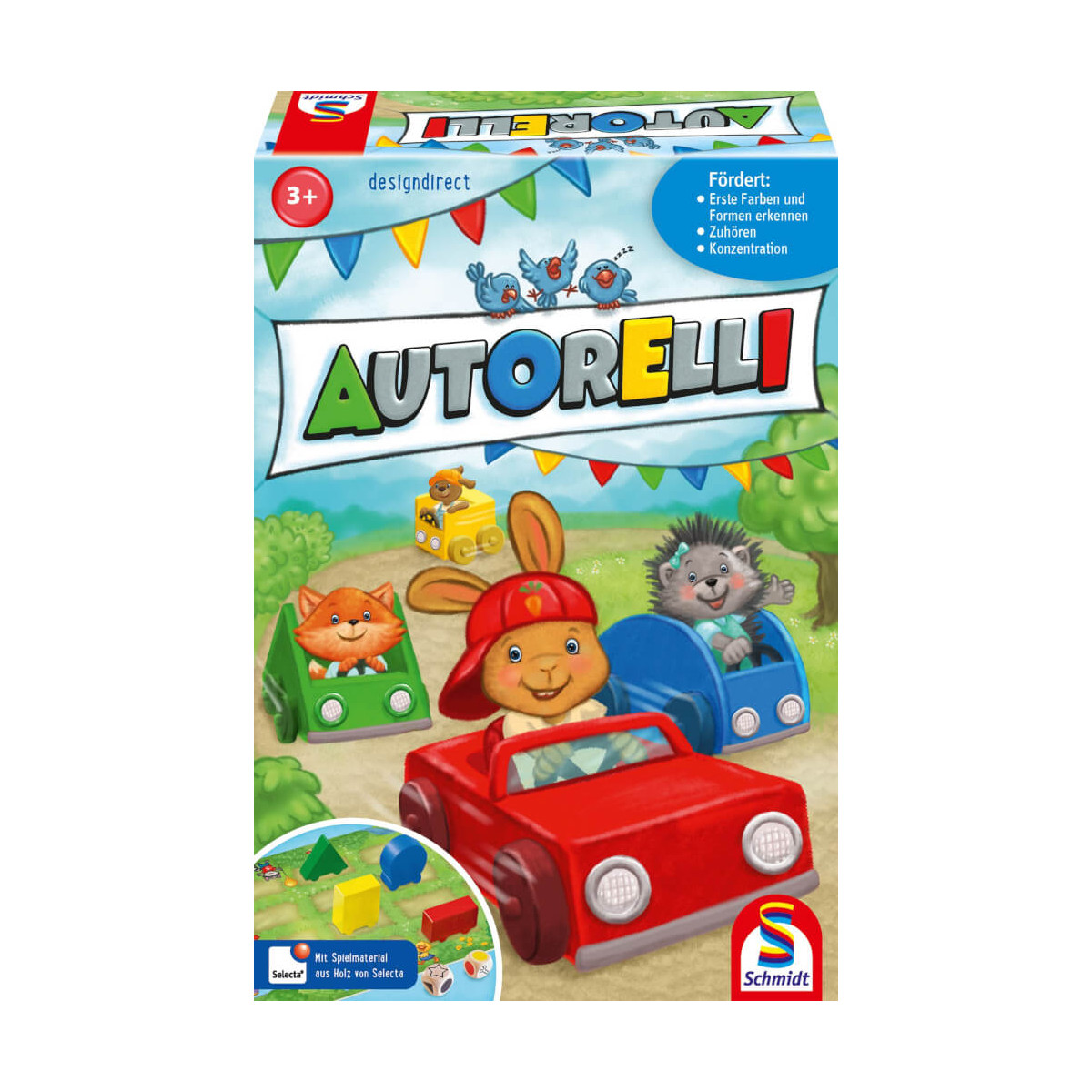 Autorelli-Spiel: Tierfiguren fahren bunte Autos, geeignet für Kinder ab 3 Jahren.