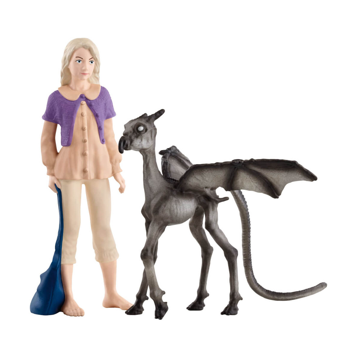 Plastikfigur einer barfüßigen Frau mit blauer Tasche neben einem kleinen, geflügelten drachenähnlichen Wesen.