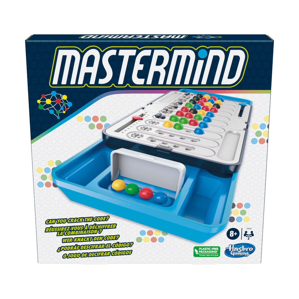 Mastermind Brettspiel mit farbigen Stiften und Spielbrett, geeignet für Kinder ab 8 Jahren.