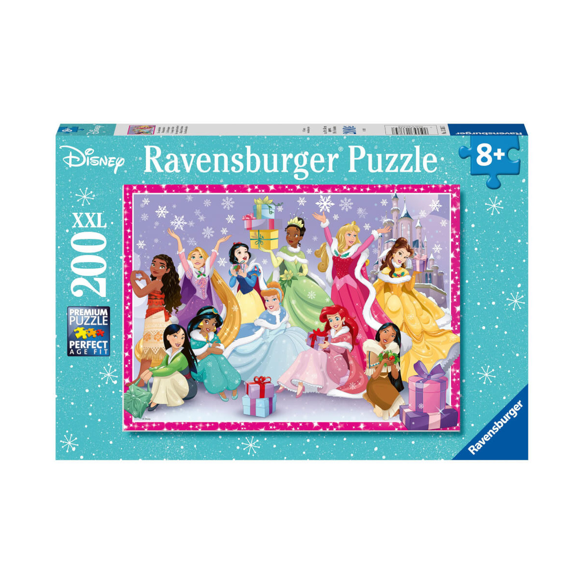 Disney-Prinzessinnen posieren gemeinsam auf einer 200-teiligen Ravensburger Puzzlebox mit glitzerndem blauen Rand.