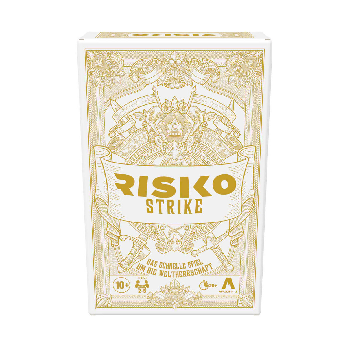 Gold-weiße RISIKO STRIKE Box mit verzierten Mustern und deutschem Text auf der Vorderseite.