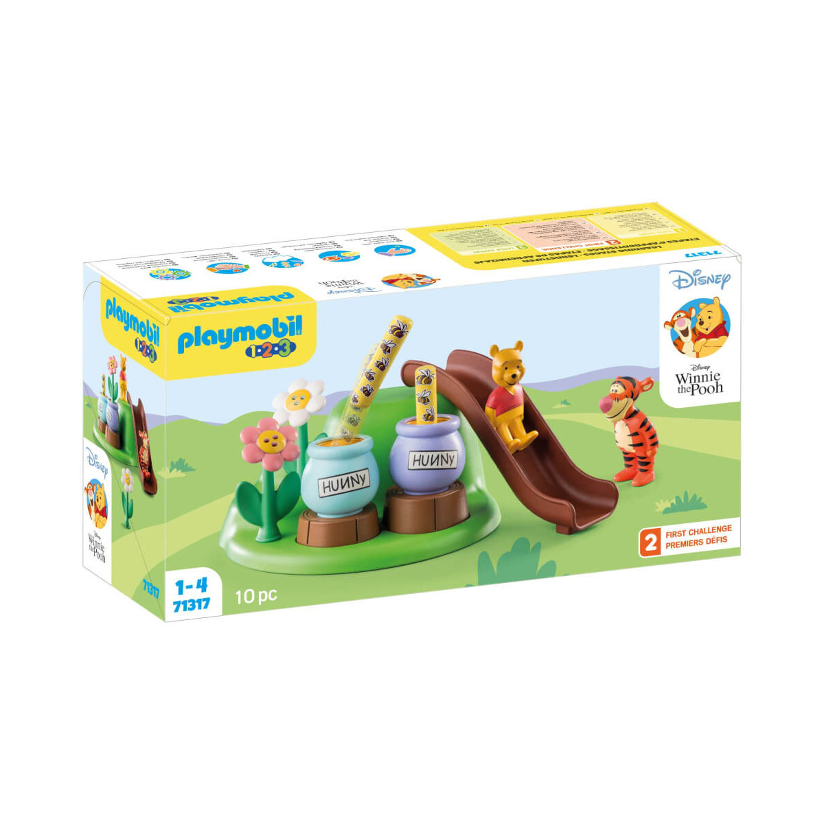 Playmobil-Set Winnie Puuh mit Pooh, Tigger, Rutsche, Honigtöpfen, Blumen und Wiesen-Basis.