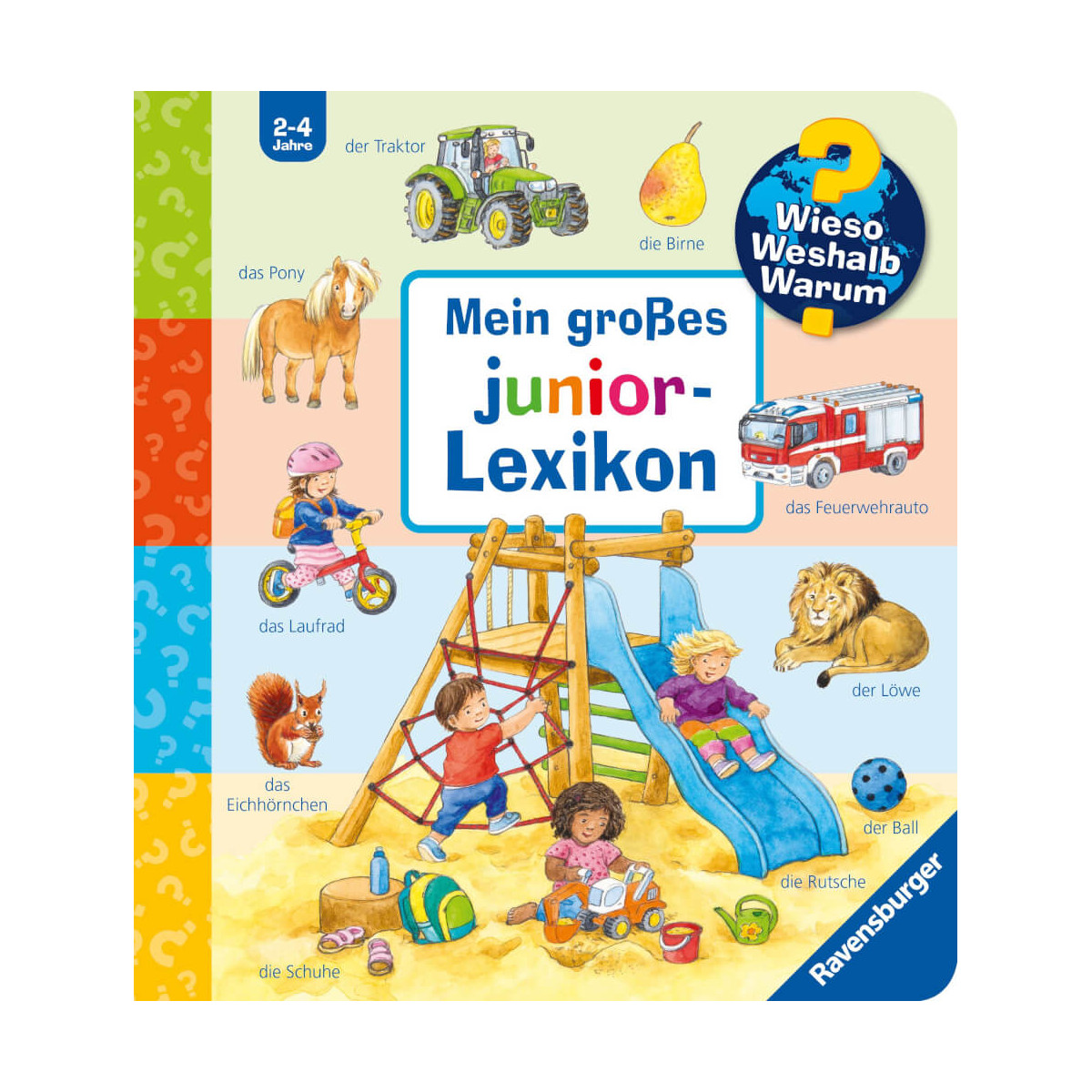 Kinder spielen auf dem Spielplatz; Rund um den deutschen Buchtitel sind Tiere, Fahrzeuge und Gegenstände abgebildet.