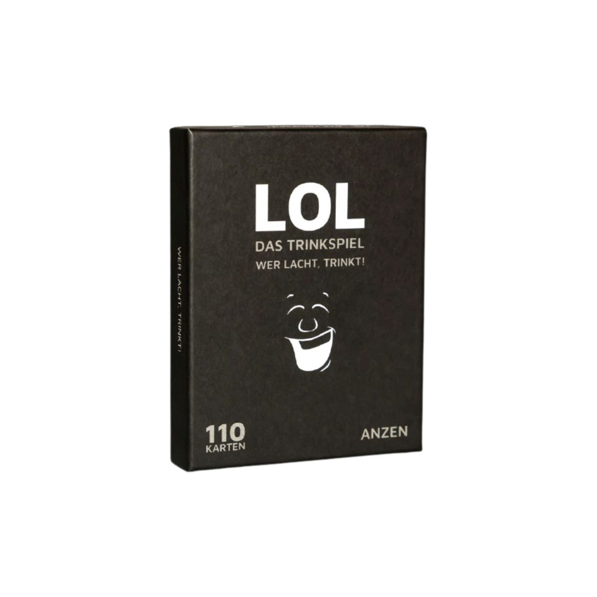 Schwarze Box des Kartenspiels „LOL Das Trinkspiel“ mit lächelndem Gesicht und weißem deutschen Text auf der Vorderseite.
