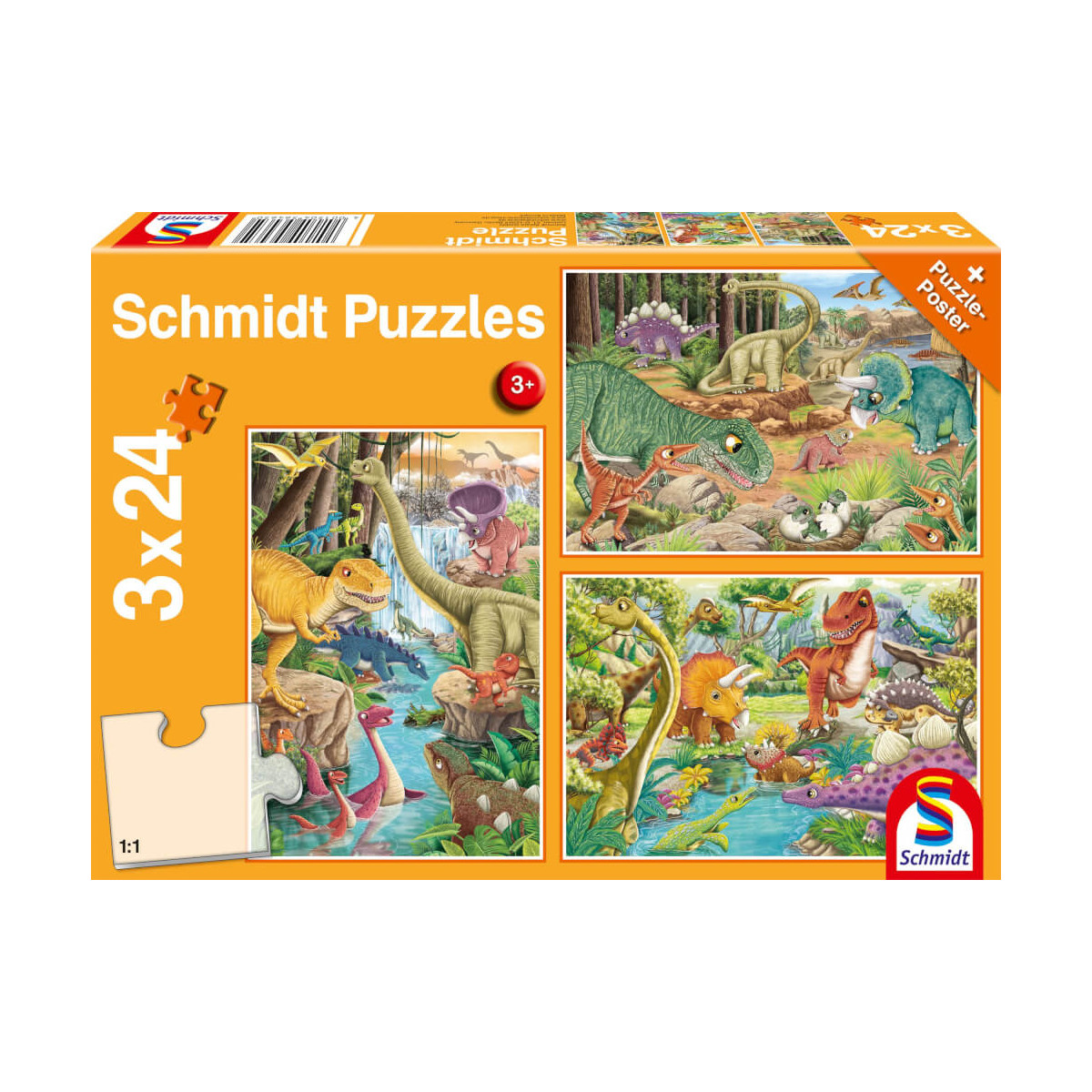 Schmidt Puzzle-Box mit 3 bunten Dinosauriermotiven à 24 Teile, geeignet für Kinder ab 3 Jahren.