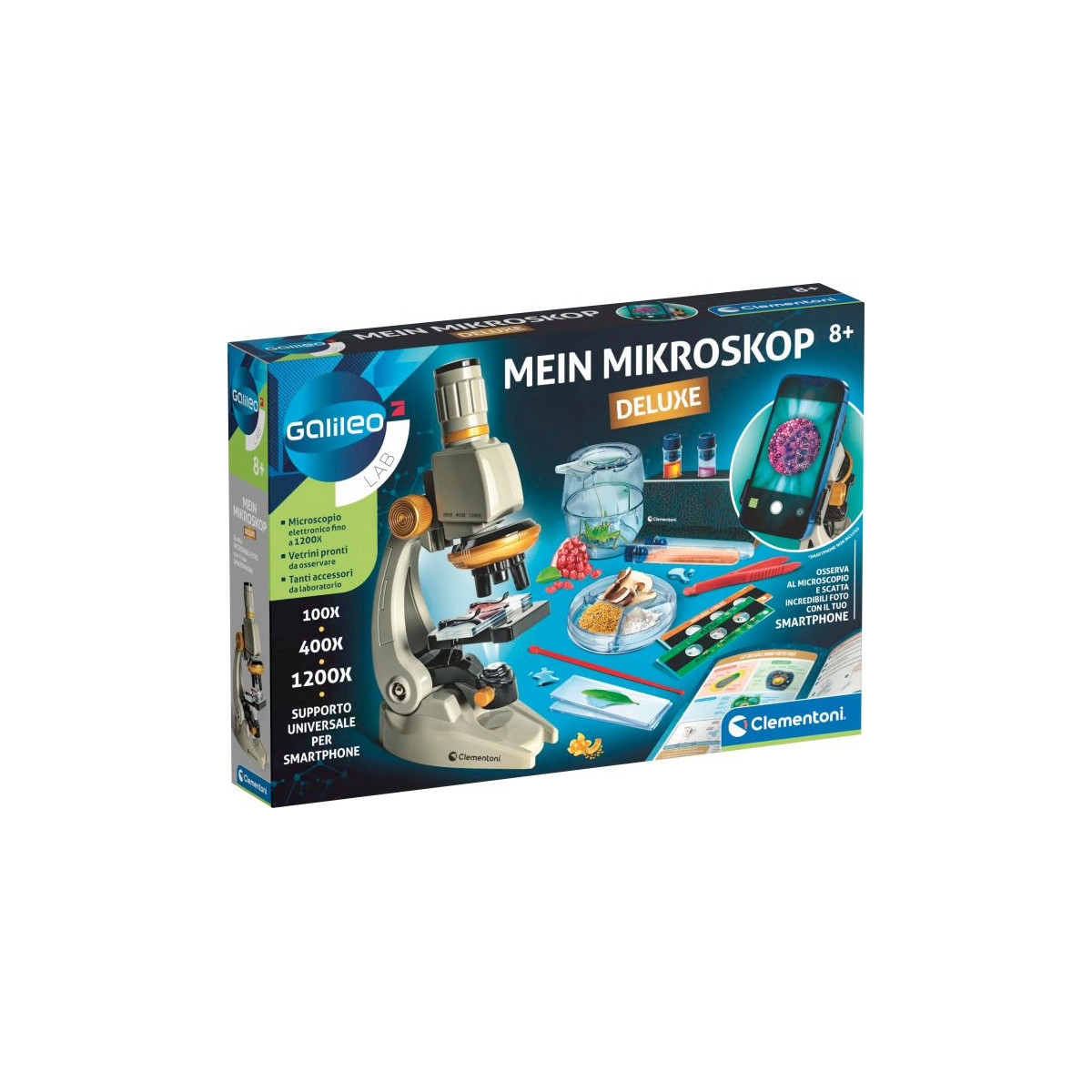 Verpackung des Mein Mikroskop Deluxe Sets für Kinder mit Mikroskop und Forscherausrüstung auf der Vorderseite.