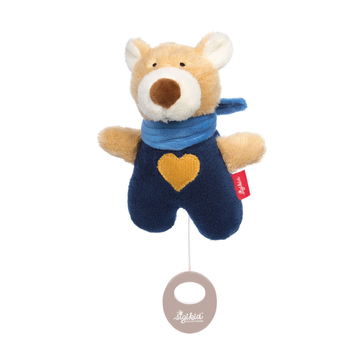Plüschbär mit blauer Latzhose, gelbem Herz, blauem Schal und Zugband am unteren Ende.