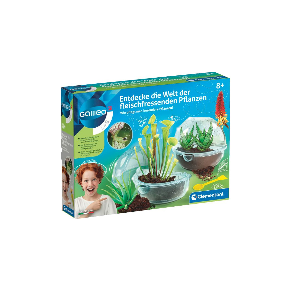 Deutsche Karnivoren-Set-Box für Kinder mit Pflanzenfotos und lächelndem Kind auf der Vorderseite.