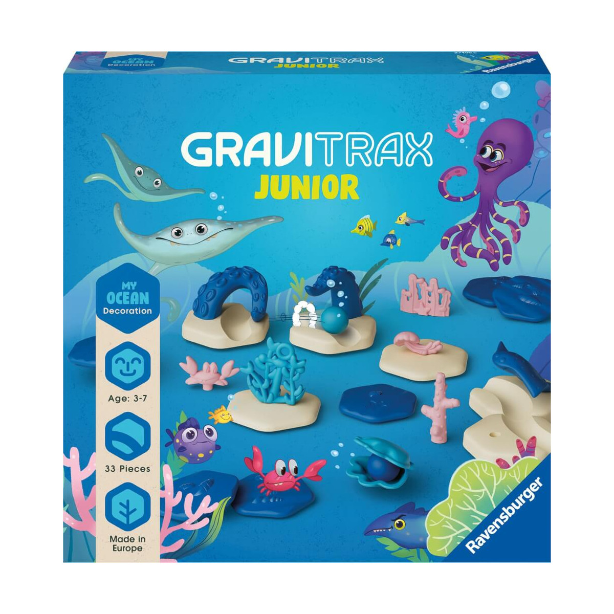 GraviTrax Junior Ocean Set mit Meerestieren, Korallen-Deko und Infos für Kinder von 3-7 Jahren.
