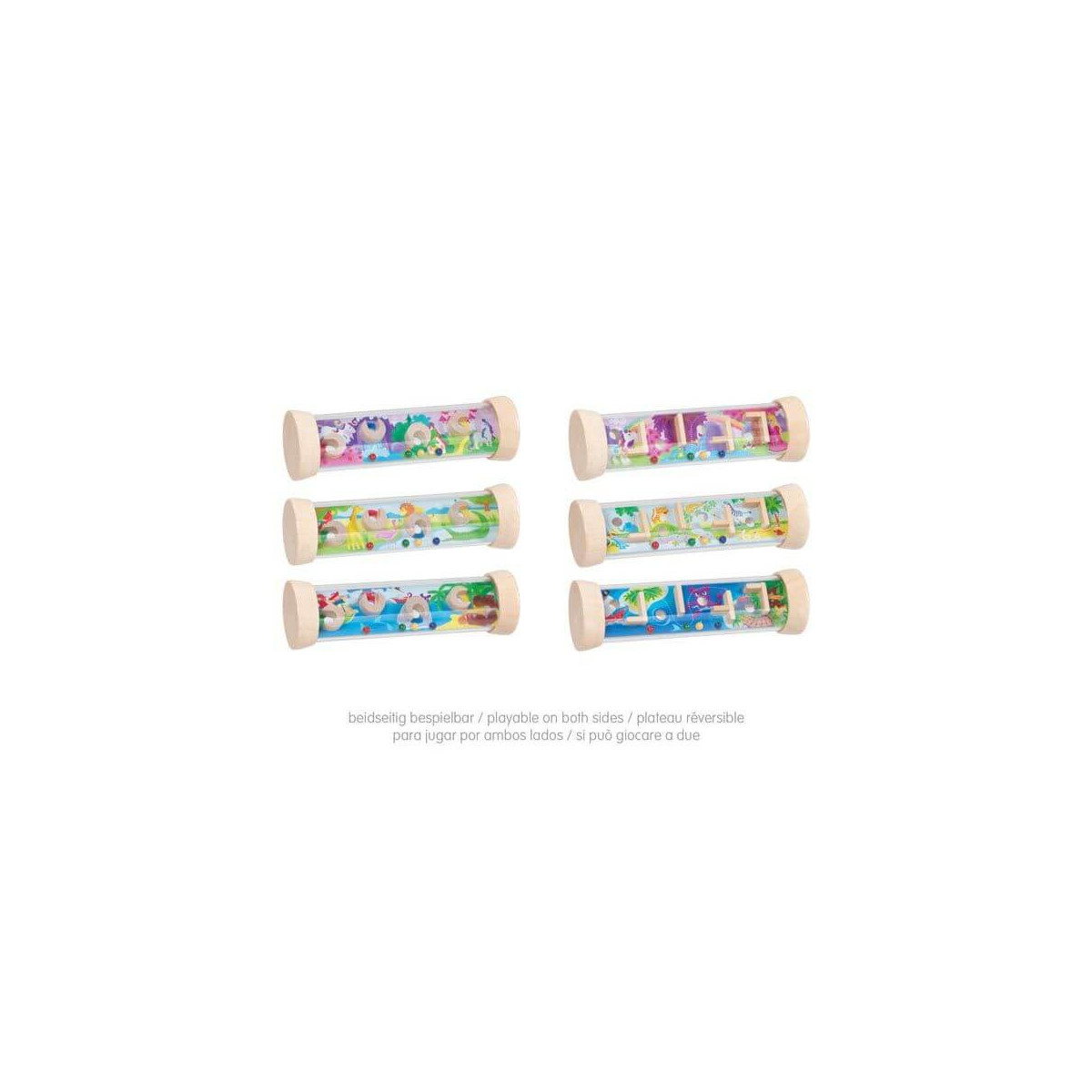 Sechs bunte Holzkaleidoskope mit Tiermotiven sind in zwei Reihen auf weißem Hintergrund zu sehen.