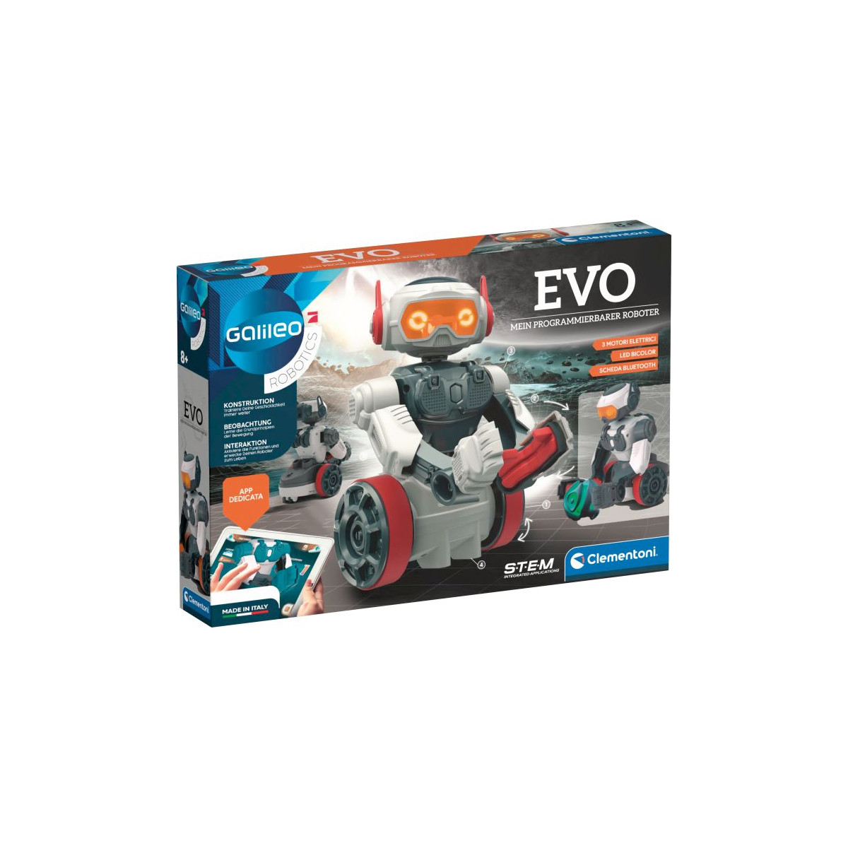 EVO Mini Programmierbare Roboter von Clementoni: STEM-Spielzeugbox mit Roboterabbildungen auf der Vorderseite.