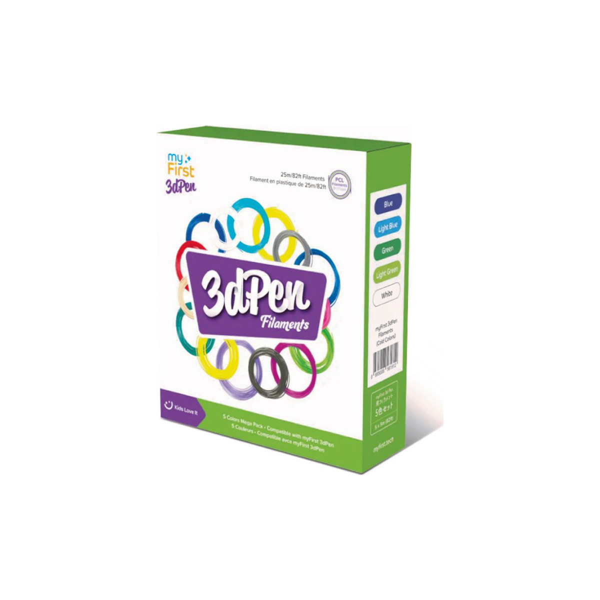 Bunte Box mit 3dPen Filaments für 3D-Stifte, abgebildet sind Schleifen aus farbigem Filament.