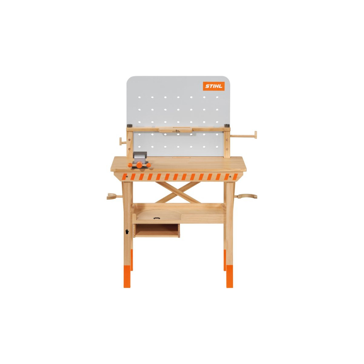 Holzspiel-Werkbank mit Werkzeugen, orangen Akzenten und grauer Lochwand mit STIHL-Logo.