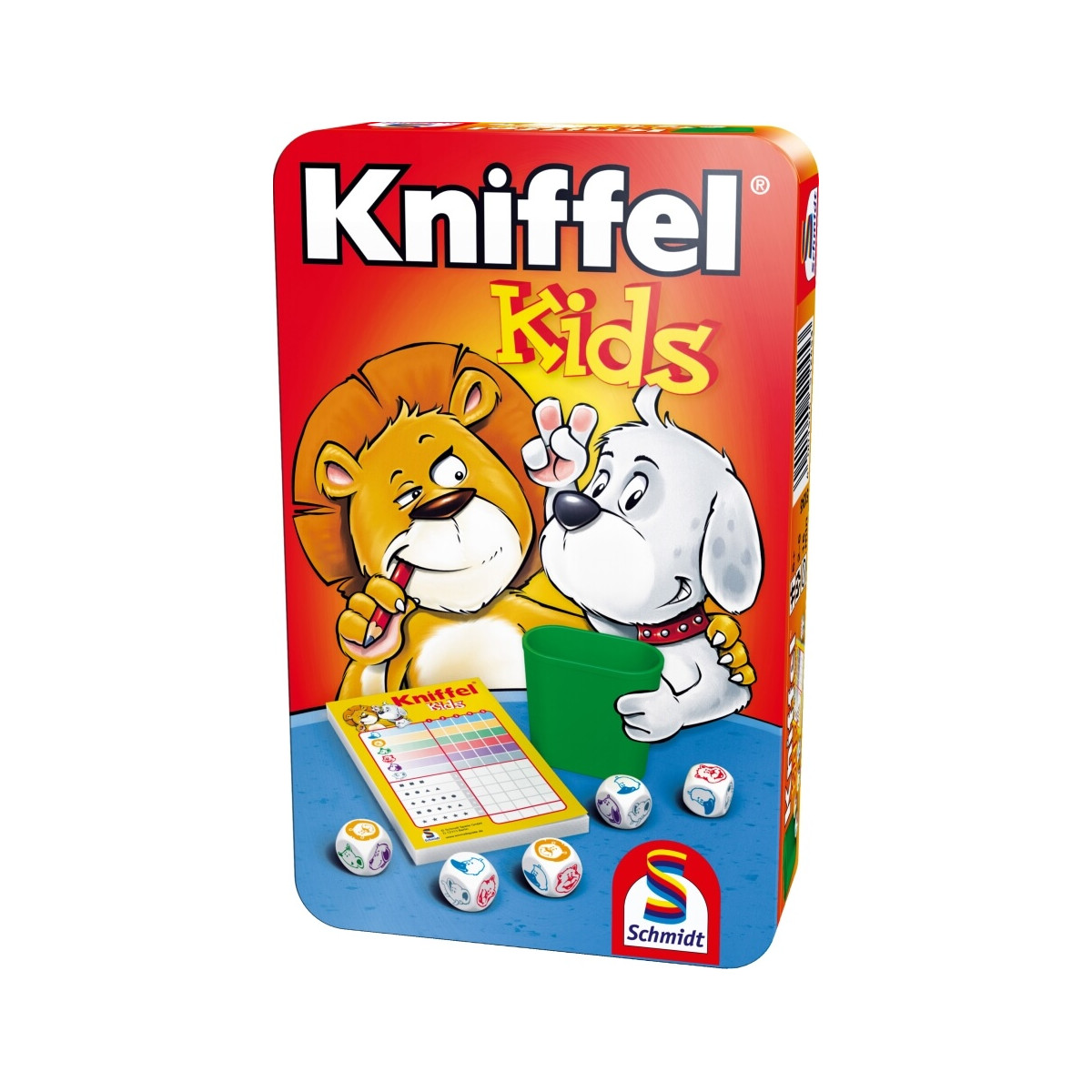Kniffel Kids: Spielbox mit Cartoon-Löwe und Hund, Würfeln, Wertungsblock und Schmidt Spiele-Logo.