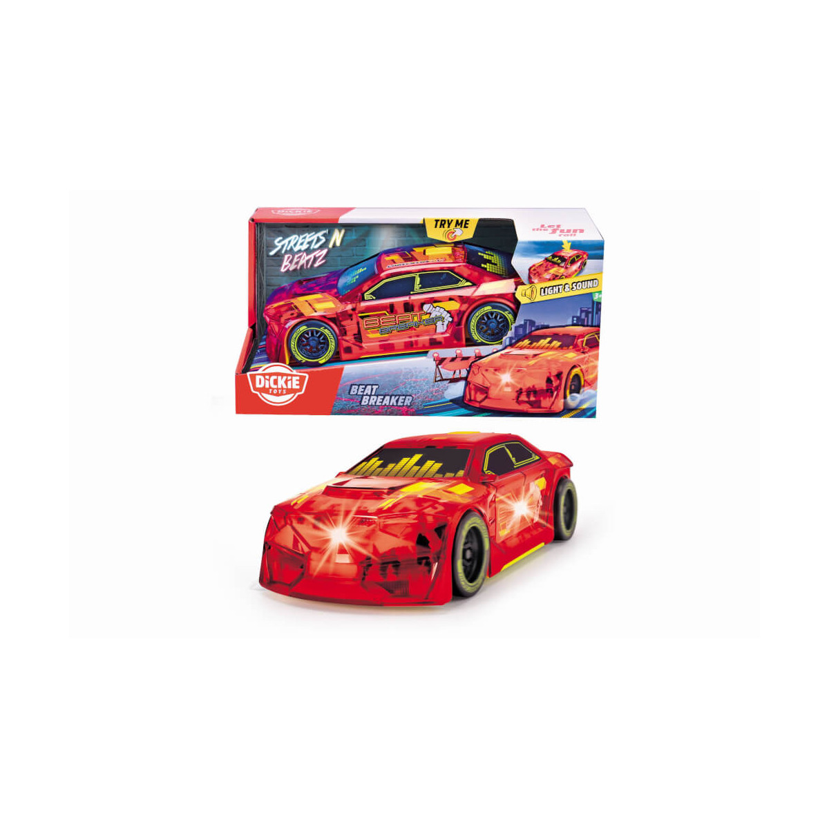 Rotes Spielzeug-Rennauto mit Lichteffekten vor bunter Verpackung.